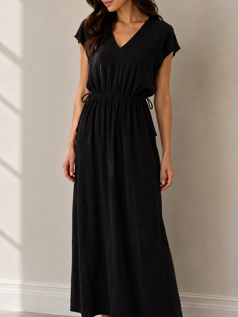 Vince Black Cotton Maxi Dress S Drawstring Waist V Neck Minimalist 0805